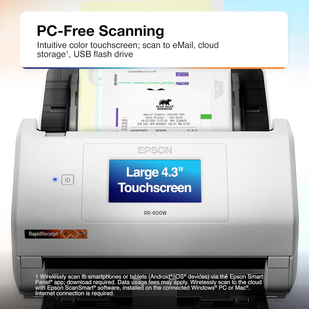 Epson RapidReceipt RR-600W Wireless Desktop Color Two-Sided Receipt and Document Scanner with ScanSmart AI PRO Receipt Management and PDF Software for PC and Mac, Touchscreen and 100 Page ADF