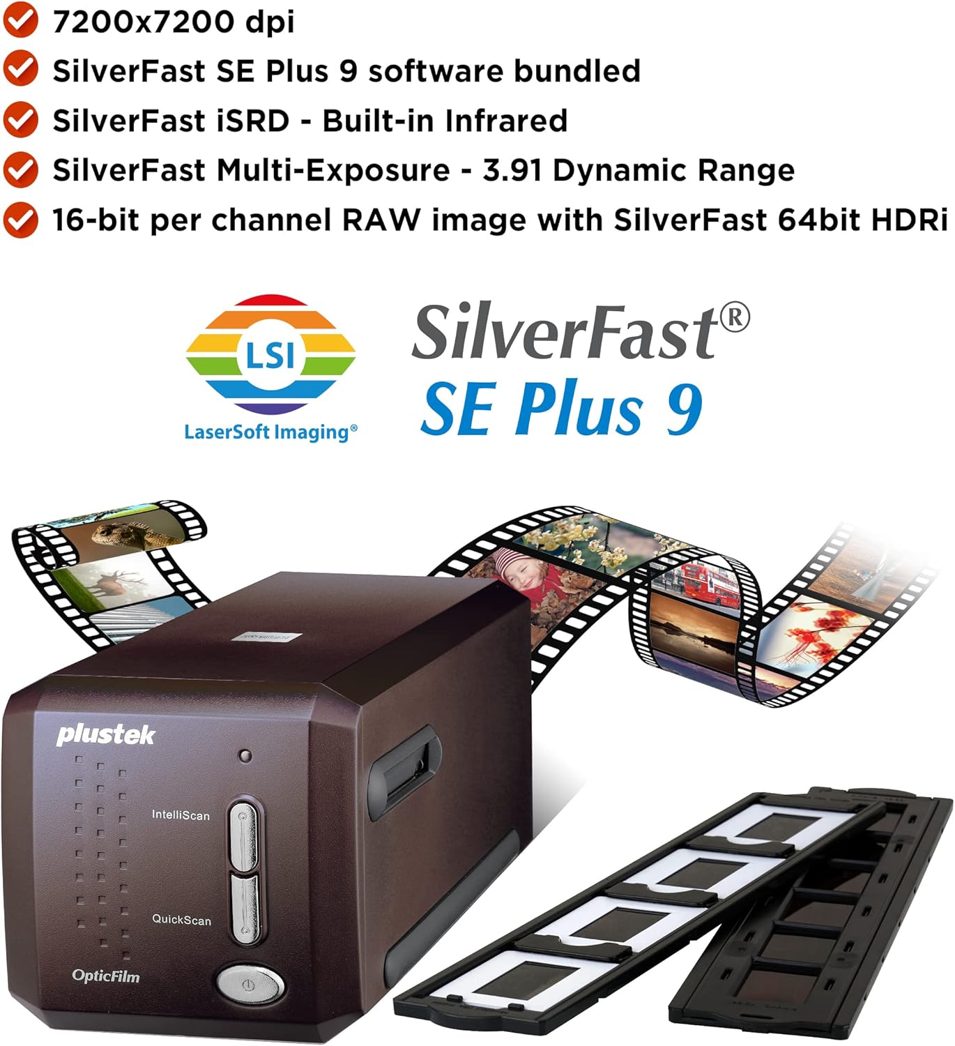 Plustek OpticFilm 8300i SE - 35mm Negative Film Stripe & Slide Scanner with 38% scan Speed Increase, Bundle SilverFast SE Plus 9 + QuickScan Plus, Support Mac and Windows.