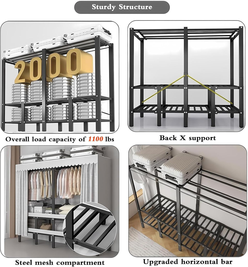Large Metal Closet Rack, Foldable Clothe Rack With Cover Heavy-Duty Portable Wardrobe Closet For Bedroom Armoires Freestanding Clothing Coat Storage Rack Garment Rack For Hanging Clothes(203cn/80in)