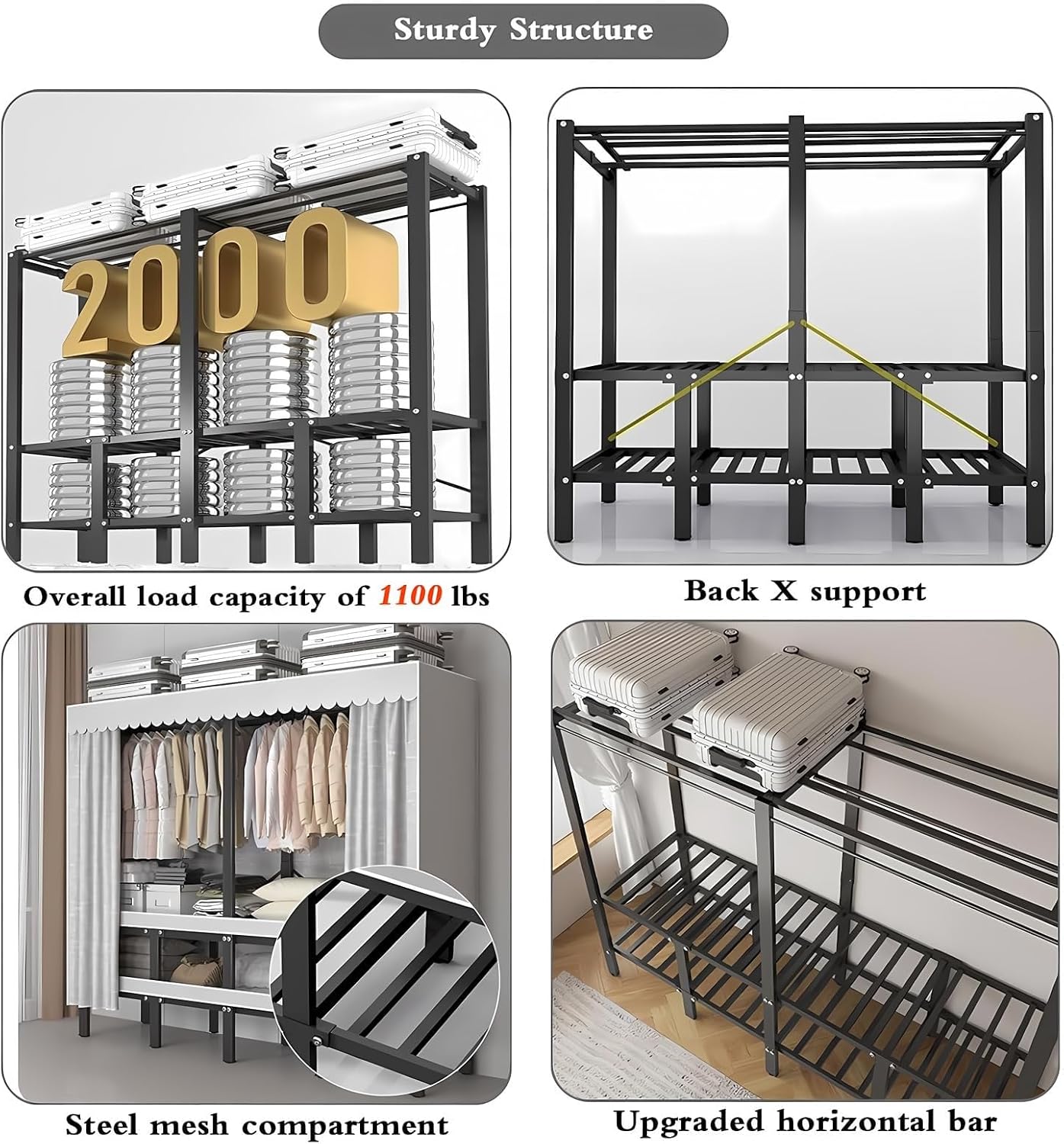 Large Metal Closet Rack, Foldable Clothe Rack With Cover Heavy-Duty Portable Wardrobe Closet For Bedroom Armoires Freestanding Clothing Coat Storage Rack Garment Rack For Hanging Clothes(203cn/80in)