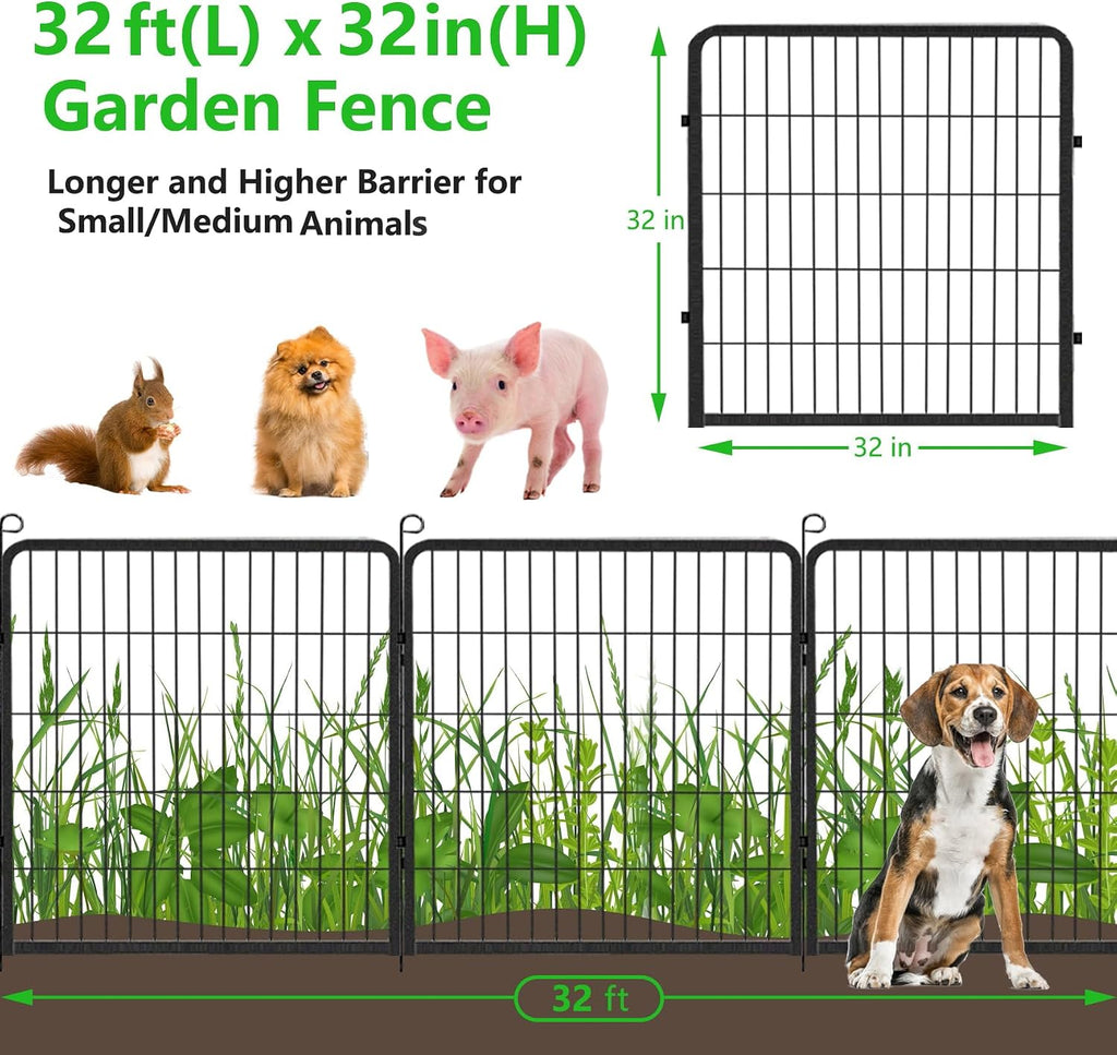 Jhsomd Decorative Garden Fence with Gate, 32in(H) x 32Ft(L) Rustproof Metal Fence Panels for Dogs, 12 Panels No Dig Garden Fencing for Yard, Exra Wide Landscape Edging for Flower Beds, Patio