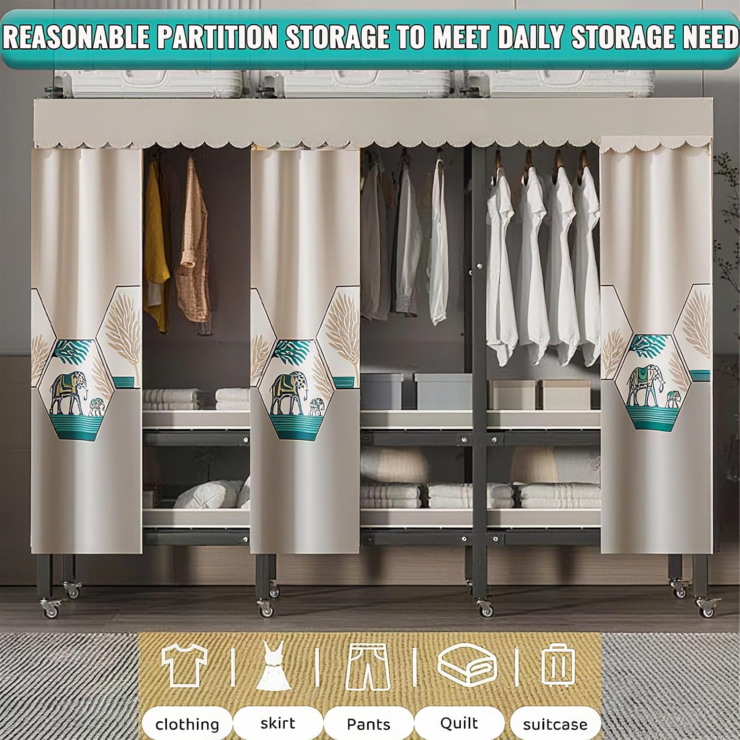 Metal Wardrobe Closet Rack 1500lbs Heavy Duty Foldable Garment Rack with Cover and Wheels Foldable Freestanding Clothes Organizer Enclosed Armoires for Hanging Clothes F 66.9'/170CM (C 49.2)