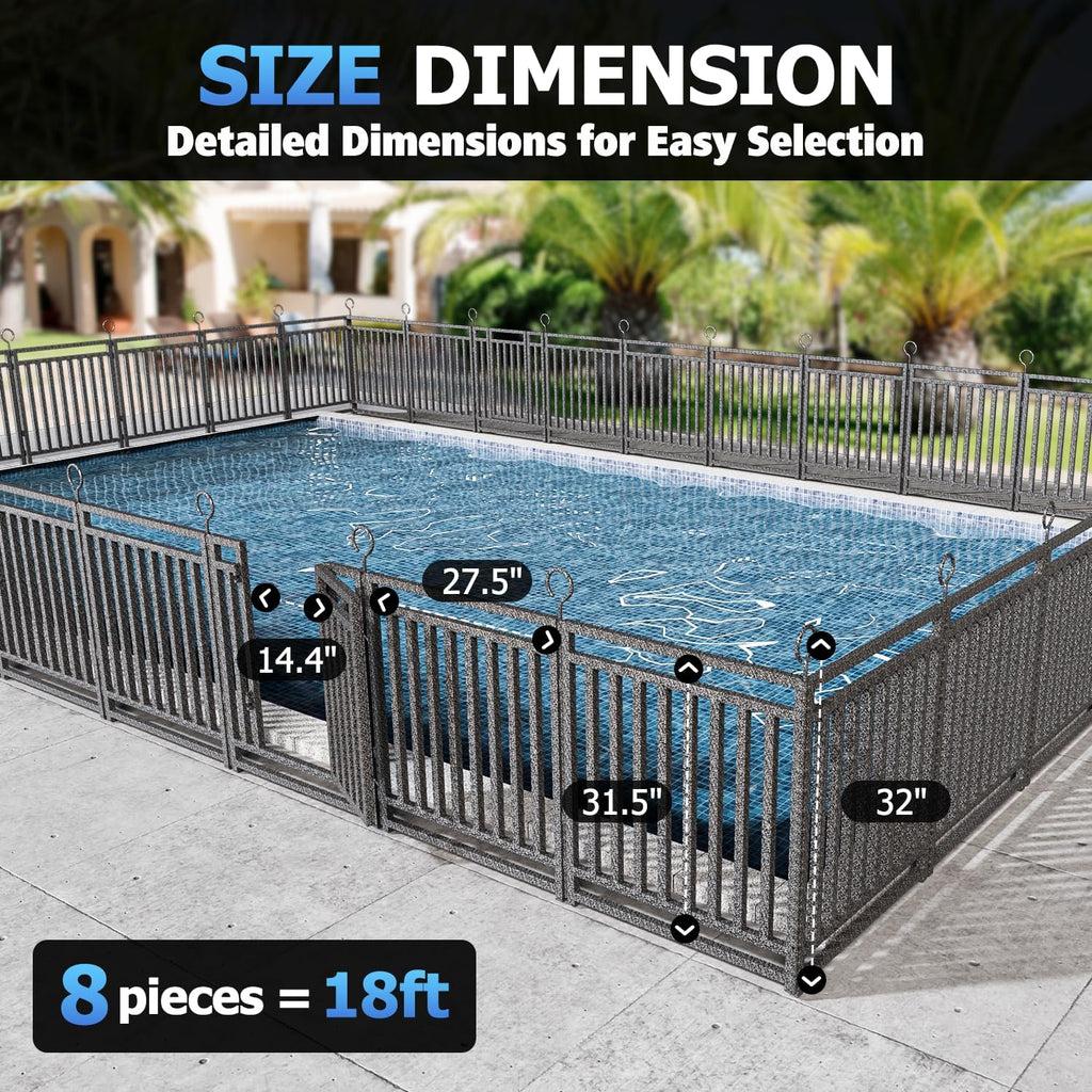 36ft x 32in Removable Pool Fence - 14 Panel & 2 Gate In-Ground Safety Barrier with Reinforced Stakes for Pets - Black-Silver Metal Fencing for Patio & Garden