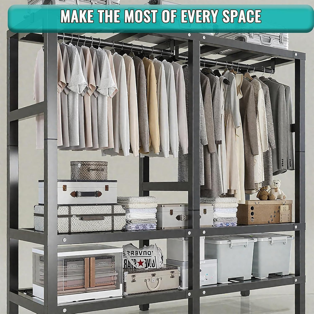 Metal Wardrobe Closet Rack 1500lbs Heavy Duty Foldable Garment Rack with Cover and Wheels Foldable Freestanding Clothes Organizer Enclosed Armoires for Hanging Clothes F 66.9'/170CM (F 59)