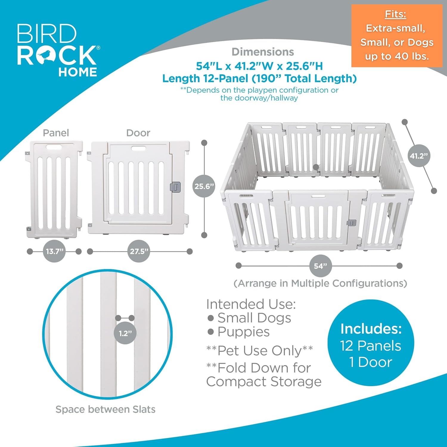 BIRDROCK HOME Pet Playpen with Door | 12 Panel | Strong Plastic | Puppy Safety Fence Pen Playpen | Non-Slip and Secure Dog Gate | White
