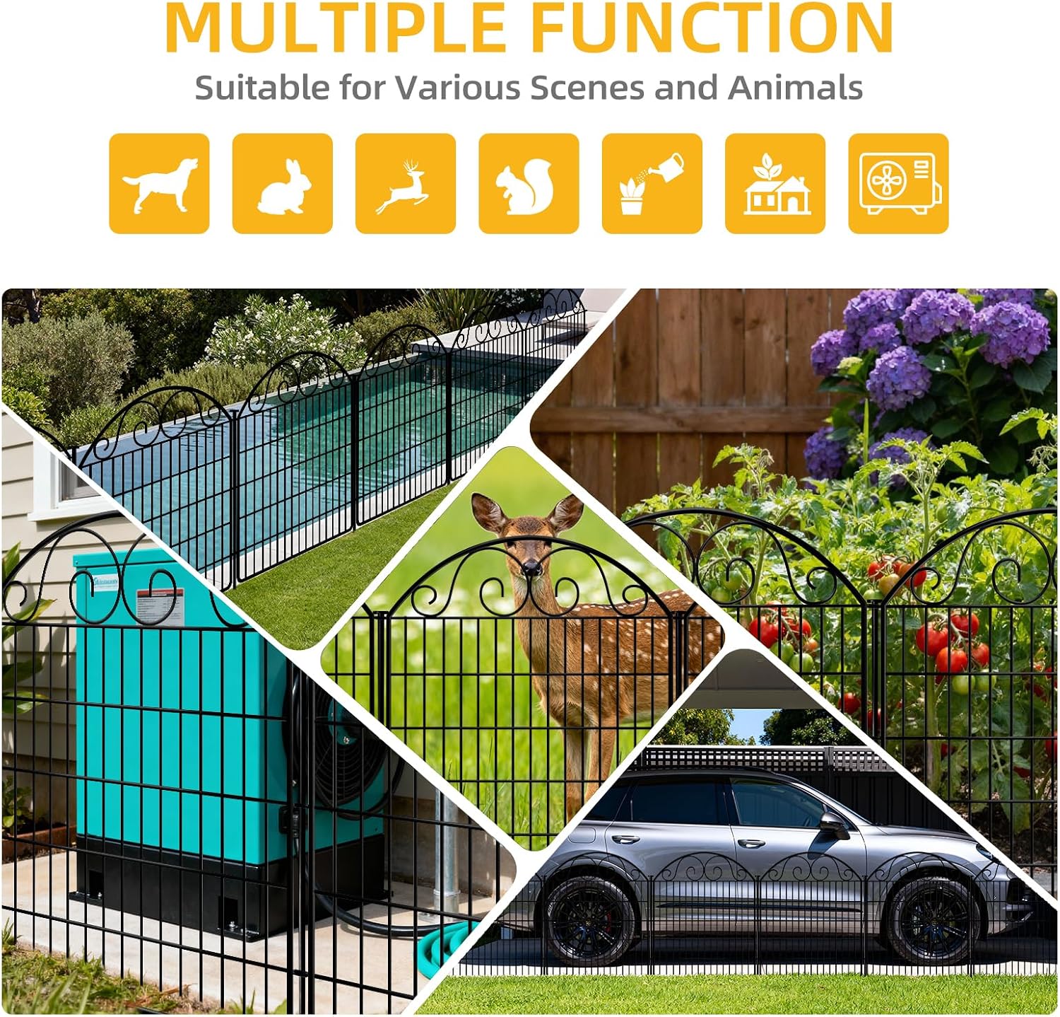 COLRASN 15 Panels No Dig Decorative Garden Dog Fence Outdoor for Yard, 33in(H) x 36.25ft(W) with Latch Tall Animal Barrier Fenceing Panels, Rustproof Ground Stakes Temporary Wire Screen for Patio
