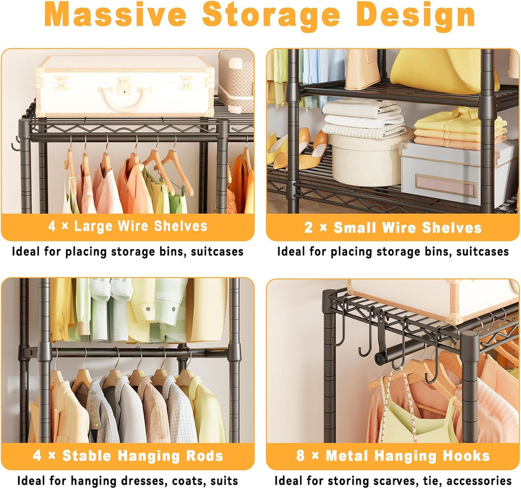 ULIFHOME H41 Garment Rack Heavy Duty Clothes Rack, Clothing Racks for Hanging Clothes, Extra Large Freestanding Portable Closet Wardrobe Rack 78.5'' W × 15.8'' D × 76.4'' H, Max Load 1150 Lbs, Black