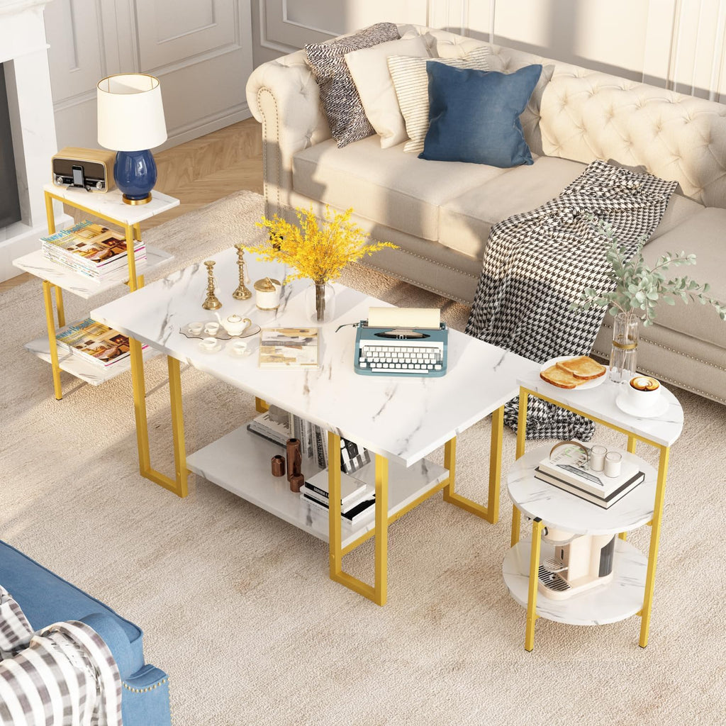 AWQM Faux Marble Table Set, Coffee Table & 2 Side Table, Faux Marble Tabletop and Metal Frame, 3 Piece Table Sets, for Living Room Apartment, White & Gold