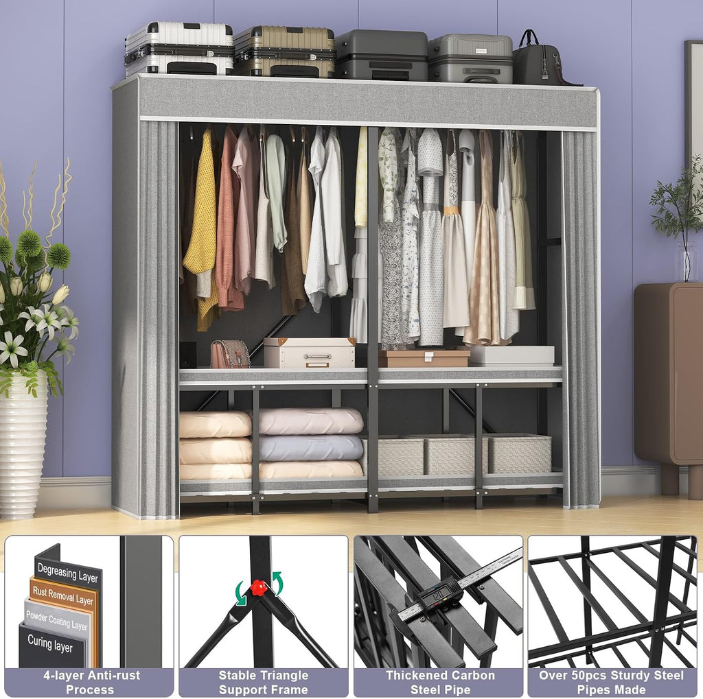95% Assembled 66' L Clothes Racks for Hanging Clothes, Premium Metal Strong Heavy Duty Clothes Rack with Cover, Portable Foldable Freestanding Garment Rack, Black