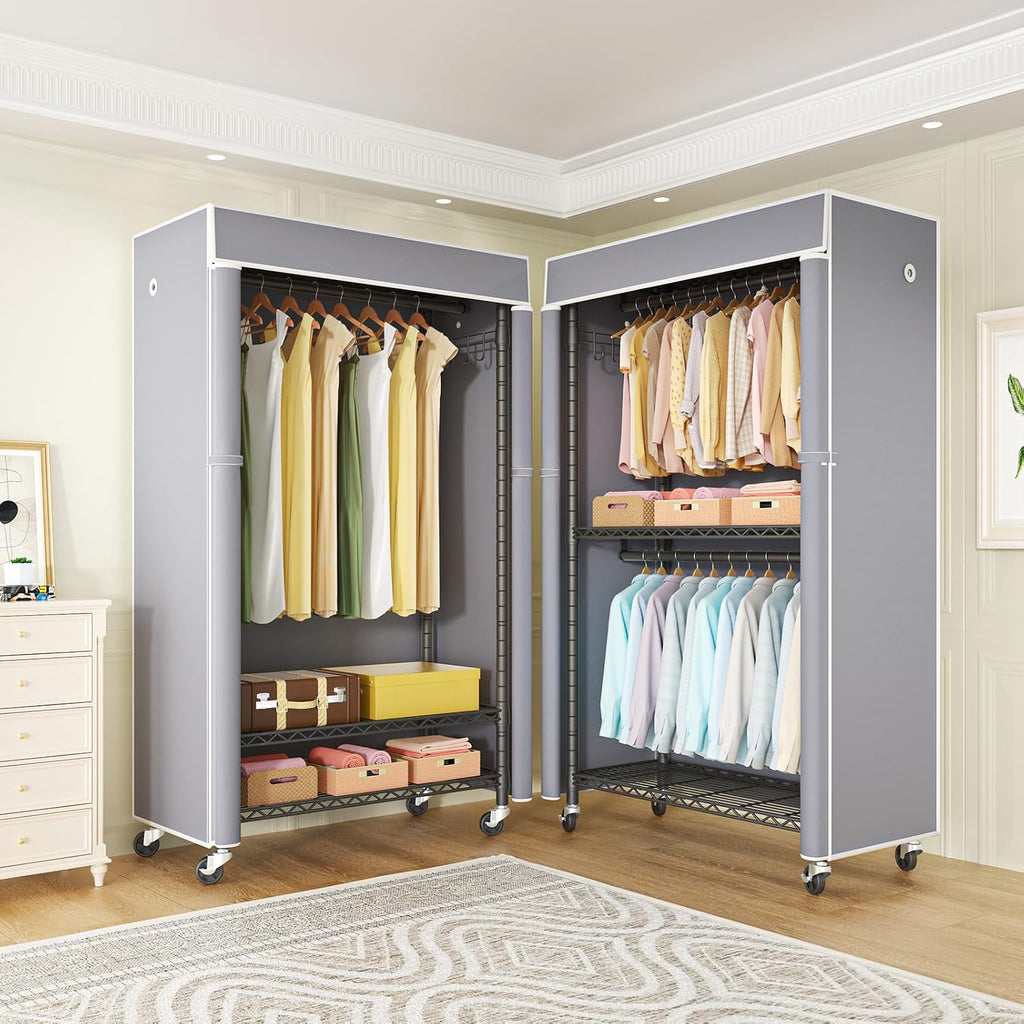 FUTASSI Black Clothing Rack with Grey Cover, P1C Rolling Closets with Wheels, Metal Garment Rack for Hanging Clothes, Clothing Storage Wardrobe, 36.2' W x 16.5' D x 80.5' H, Load 450 Pounds