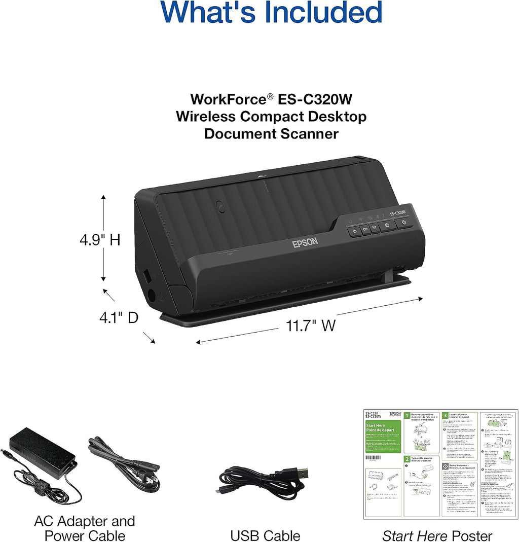 Epson Workforce ES-C320W - Wireless Compact Desktop Document Scanner - 2-Sided Scanning Auto Doc Feeder - Can Scan Paper and Cards - Black