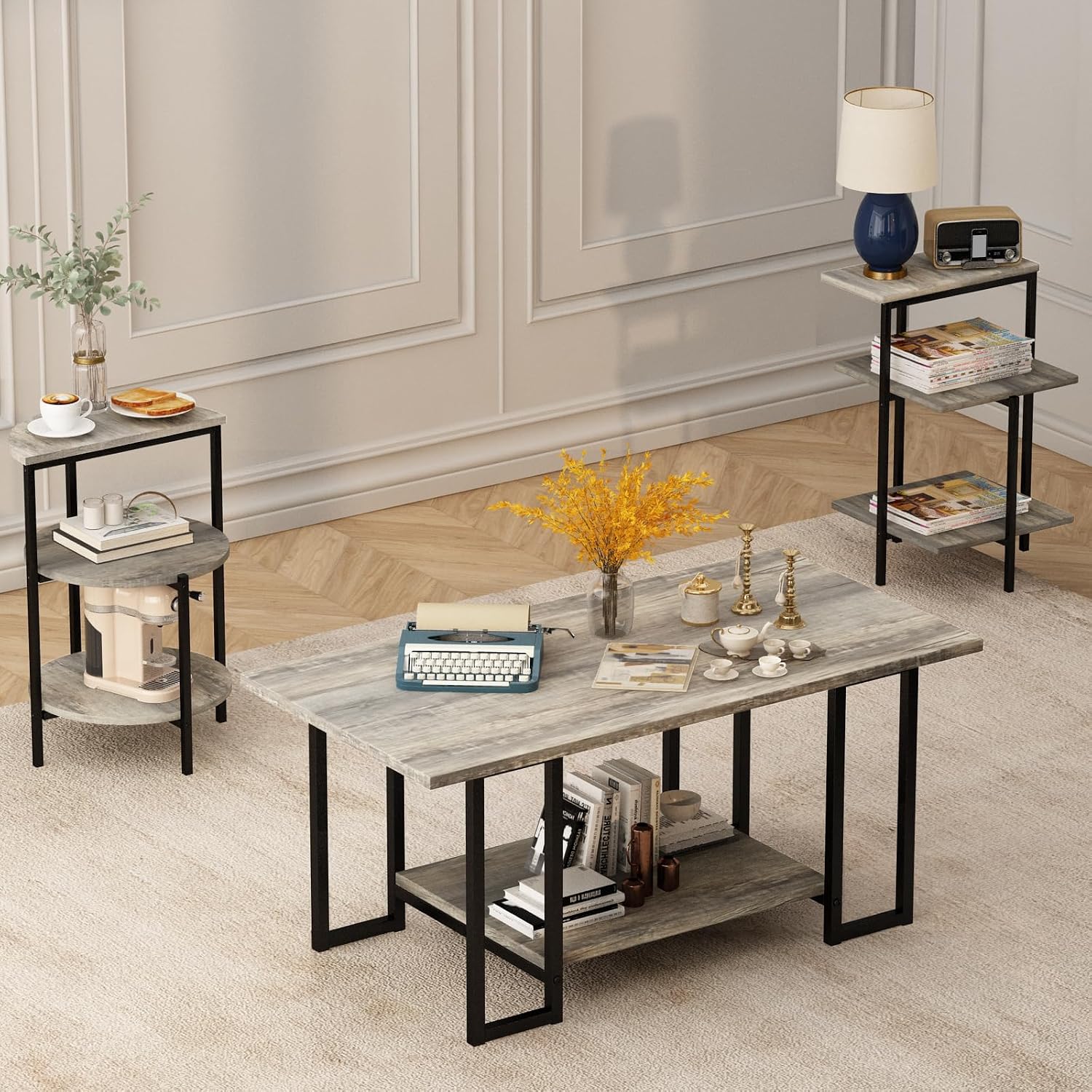 AWQM Faux Marble Table Set, Coffee Table & 2 Side Table, Faux Marble Tabletop and Metal Frame, 3 PieceTable Sets, for Living Room Apartment, Grey