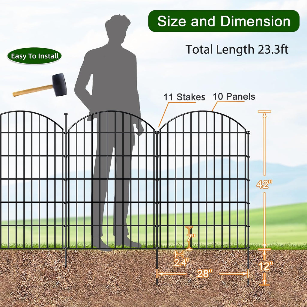FOREHOGAR Metal Garden Fence 42in (H) x 23.3ft (L), 10 Panels + 11 Stakes Dog Fence Border Fence Animal Barrier, No Dig Garden Fencing for Yard Flower Bed Lawn Patio Outdoor, CTW4210 Black