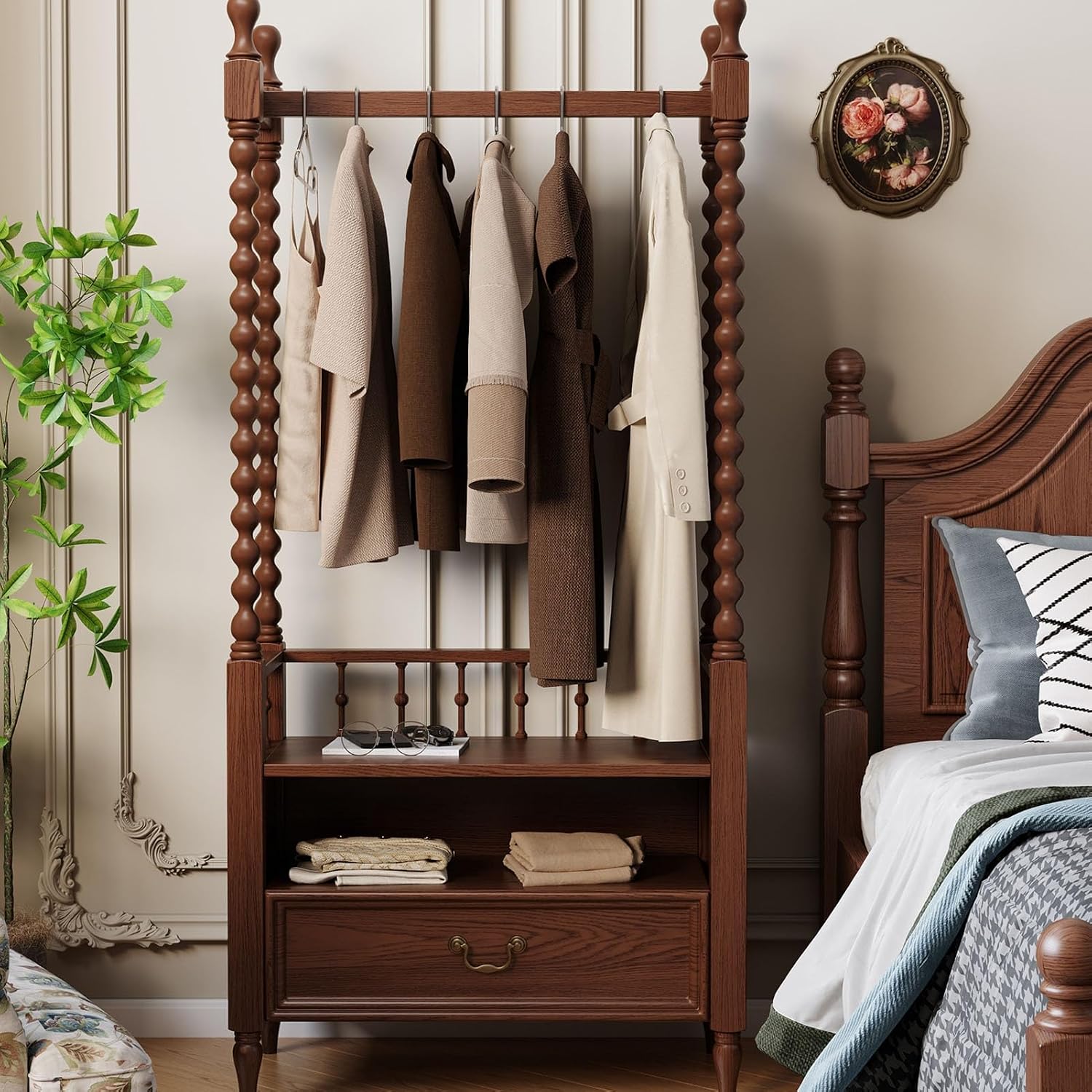 Solid Clothes Rack, Garment Racks, Drawers and A Shelf, Floor Coat Rack Retro Wooden Floor-Standing, Clothes Racks Bedroom for Hanging Shirts, Jackets(Brown)