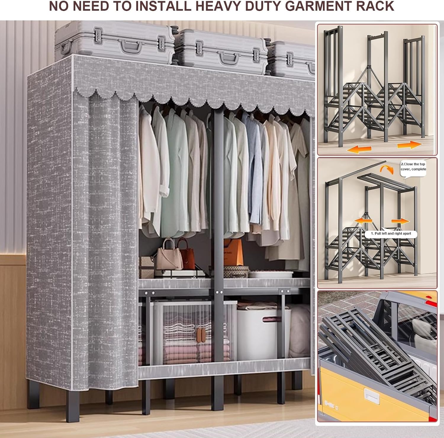 Heavy-Duty Wardrobe Closet Rack - Portable Foldable Garment Rack With Cover, 1100lbs Freestanding Clothes Organizer System, Enclosed Curtain Armoires For Hanging Clothes For Bedroom(190cm/74.8in)