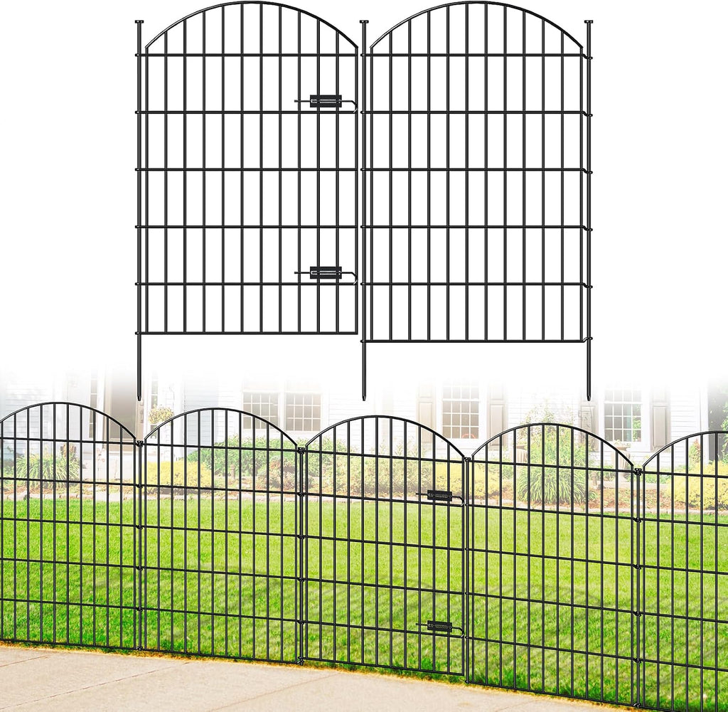 FOREHOGAR Metal Garden Fence with Gate 42in (H) x 23.3ft (L), 1 Gate+ 9 Panels Dog Fence Border Fence Animal Barrier, No Dig Garden Fencing for Yard Flower Bed Lawn Patio Outdoor, ECG4210, Black