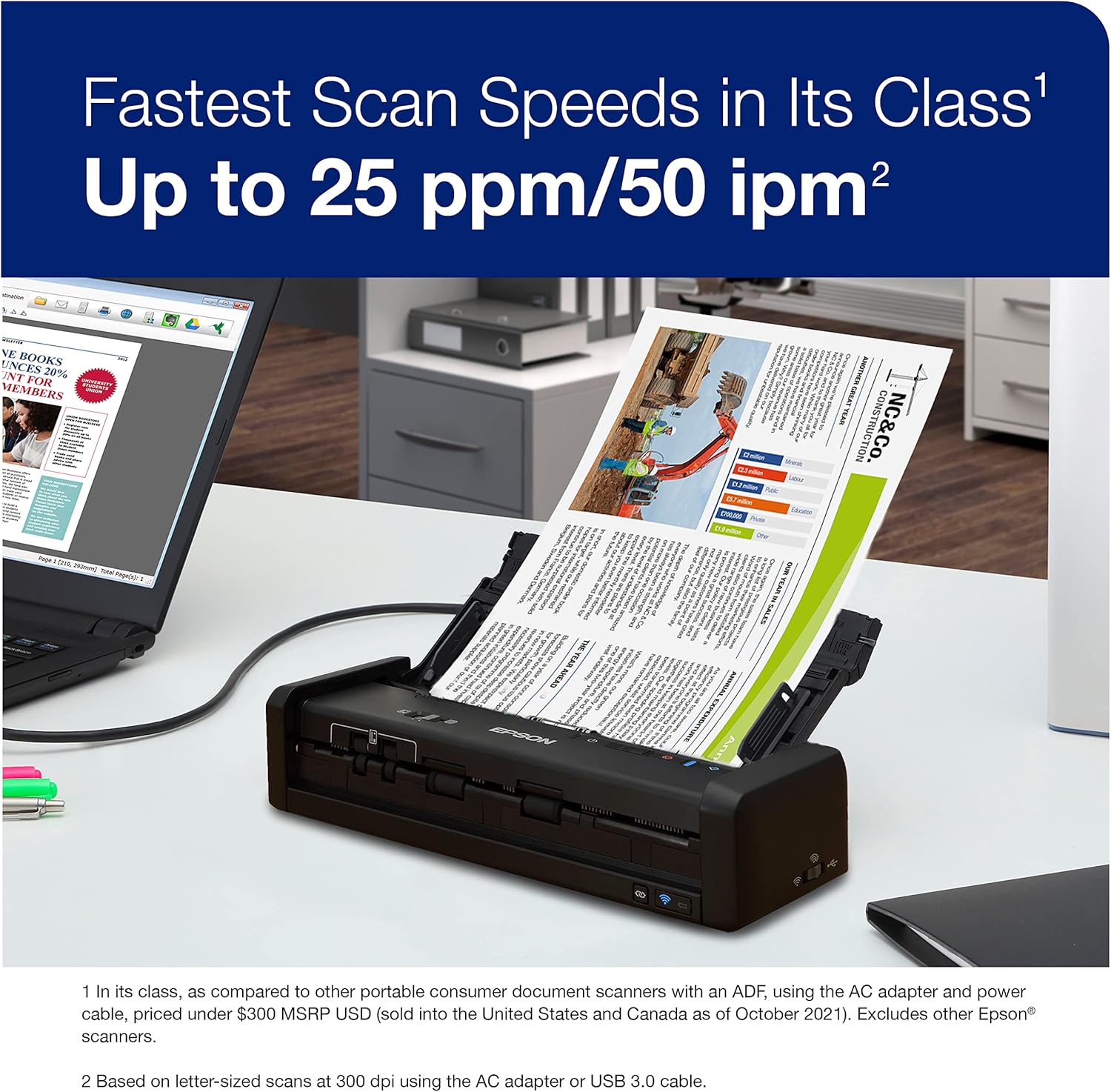 Epson Workforce ES-300W Wireless Color Portable Document Scanner with ADF for PC and Mac Sheet-fed, Duplex Scanning