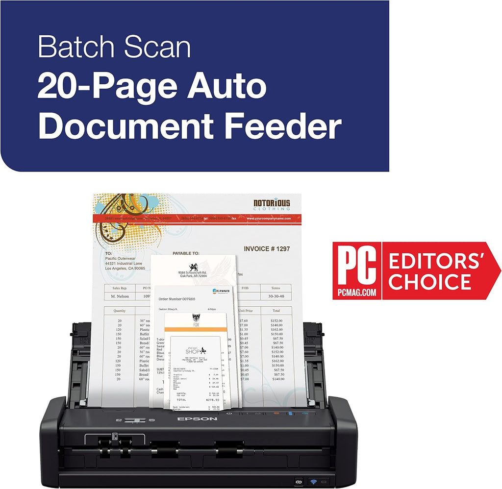 Epson Workforce ES-300W Wireless Color Portable Document Scanner with ADF for PC and Mac Sheet-fed, Duplex Scanning