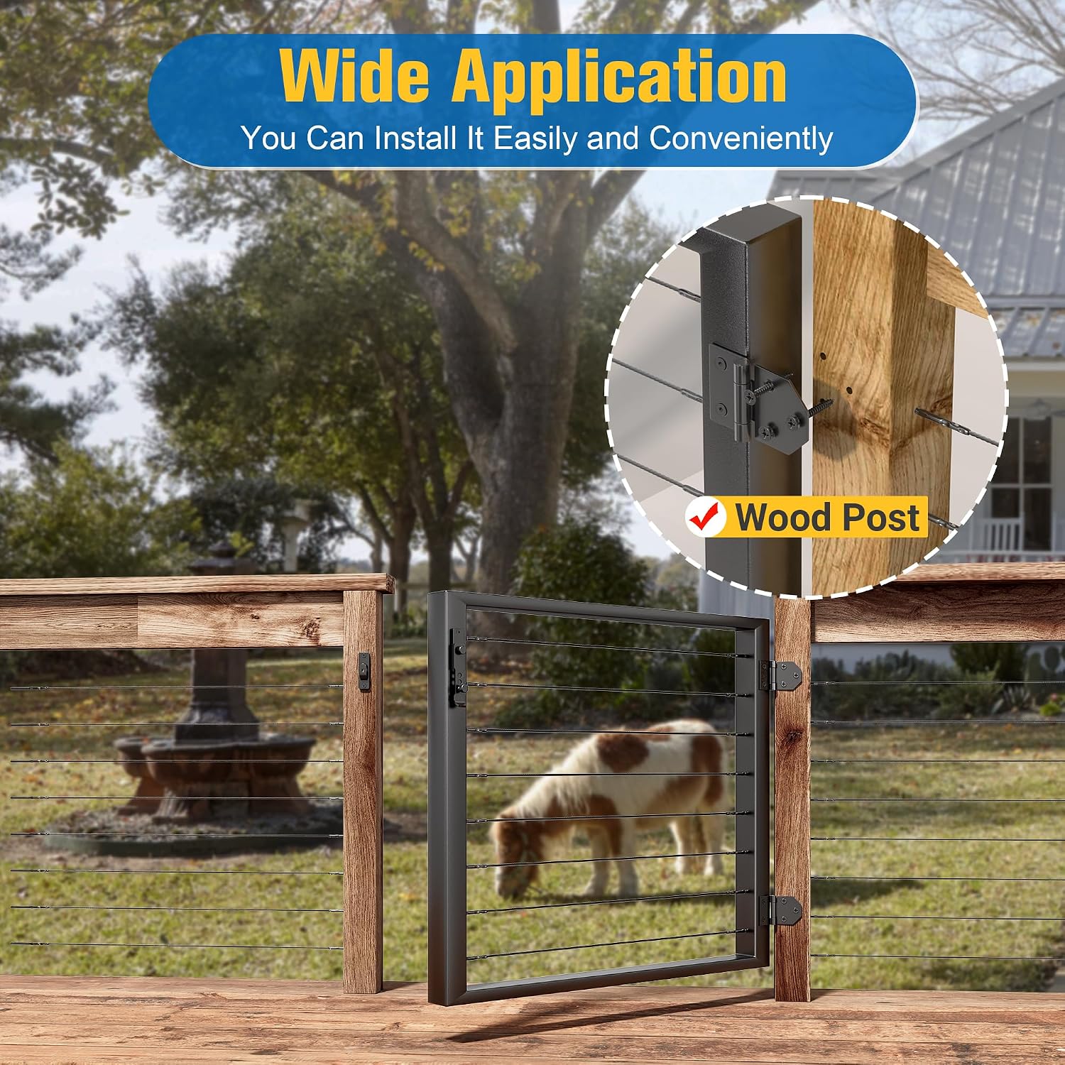 Outdoor Gate Integrated Welding Cable Railing Gate for Wood Metal Cable Railing System Stainless Steel Fence Gate (Left Hand in Swing, Black)