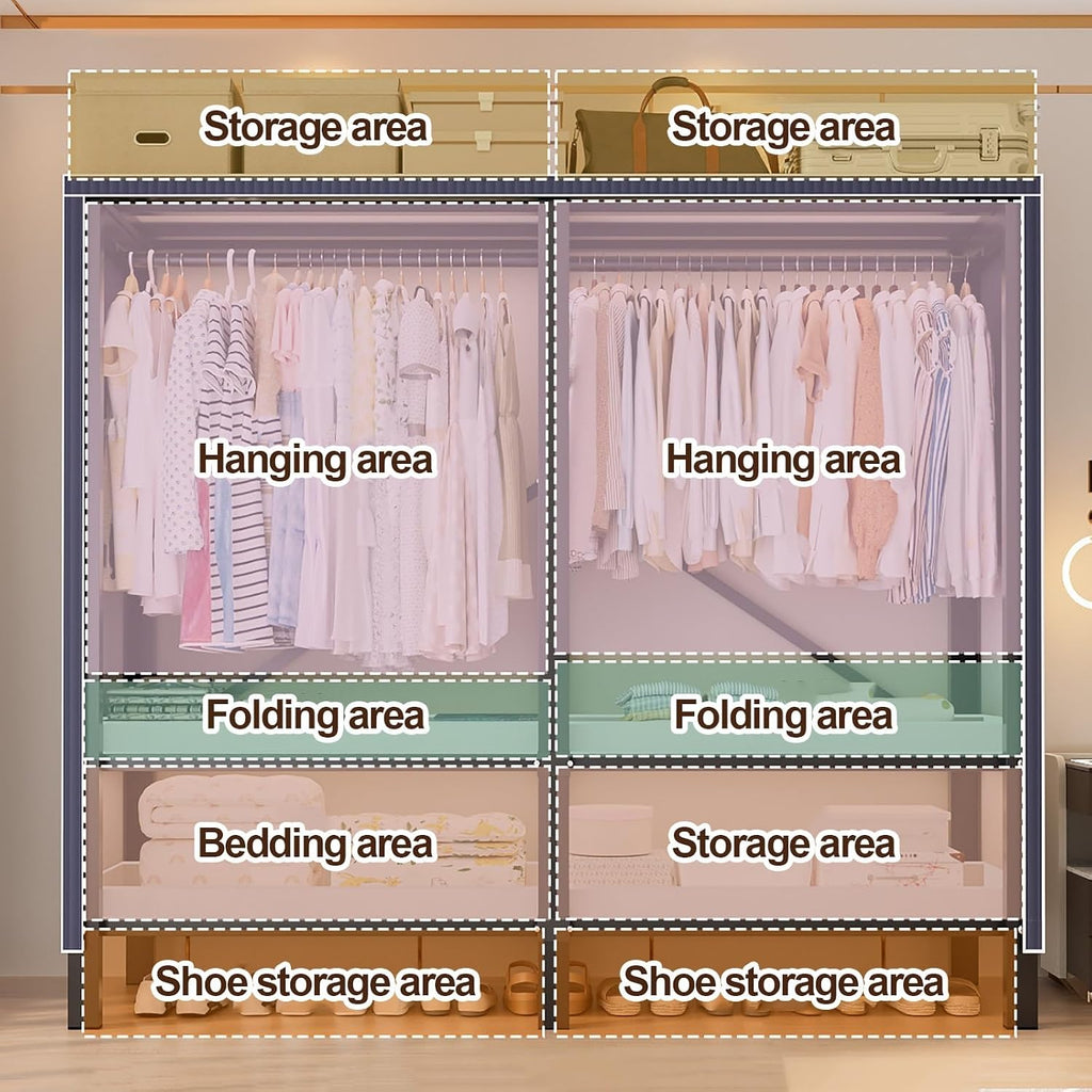 Foldable Closet Wardrobe Heavy Duty Clothes Rack With Cover Portable Metal Clothing Rack Organizer Freestanding Armoire Storage Garment Racks For Hanging Clothes(E,180x172x52cm/71X68X21IN)