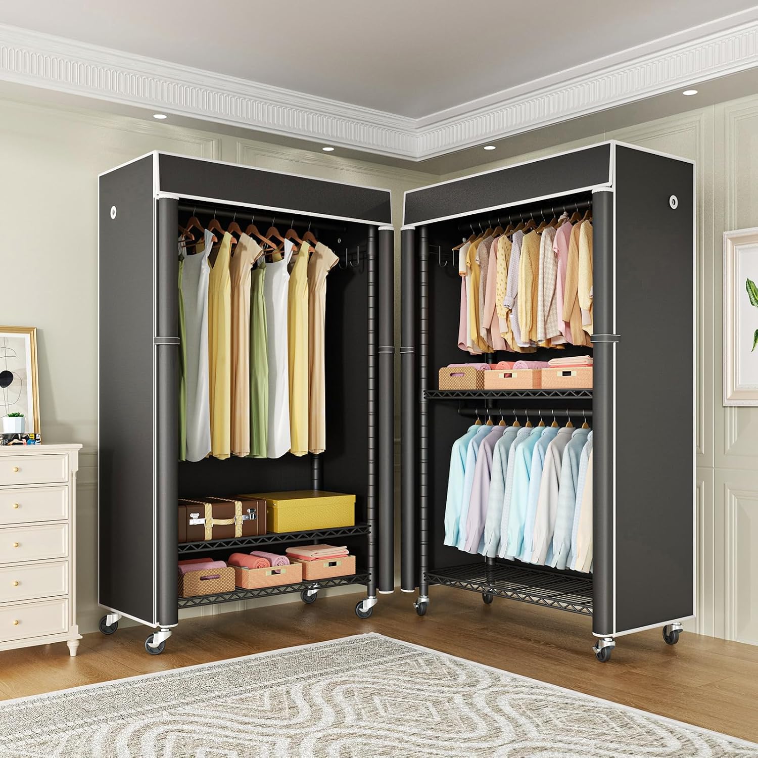 FUTASSI Clothing Rack with Cover, P1C Rolling Closets with Wheels, Metal Garment Rack for Hanging Clothes, Clothing Storage Wardrobe with Cover, 36.2' W x 16.5' D x 80.5' H, Black, Load 450 Pounds