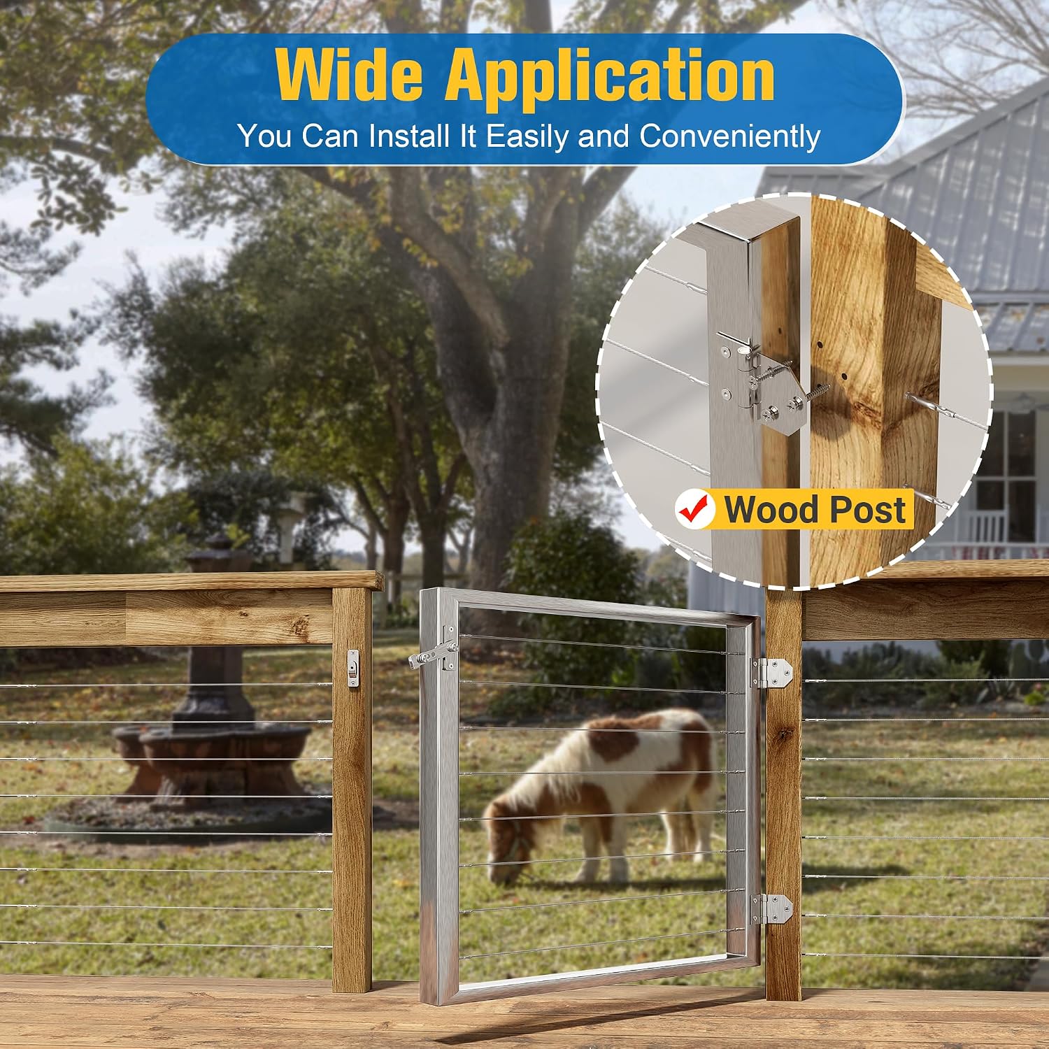 Outdoor Gate Integrated Welding Cable Railing Gate for Wood Metal Cable Railing System Stainless Steel Fence Gate (Left Hand in Swing, Slivery)