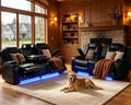 Pon Living Luxurious Leather Reclining Sofa Set with LED, Power Recliner Sofa & Loveseat Set, Living Room Furniture Sets with Cup Holders/USB Port & Storage Consoles for House/Home Theater