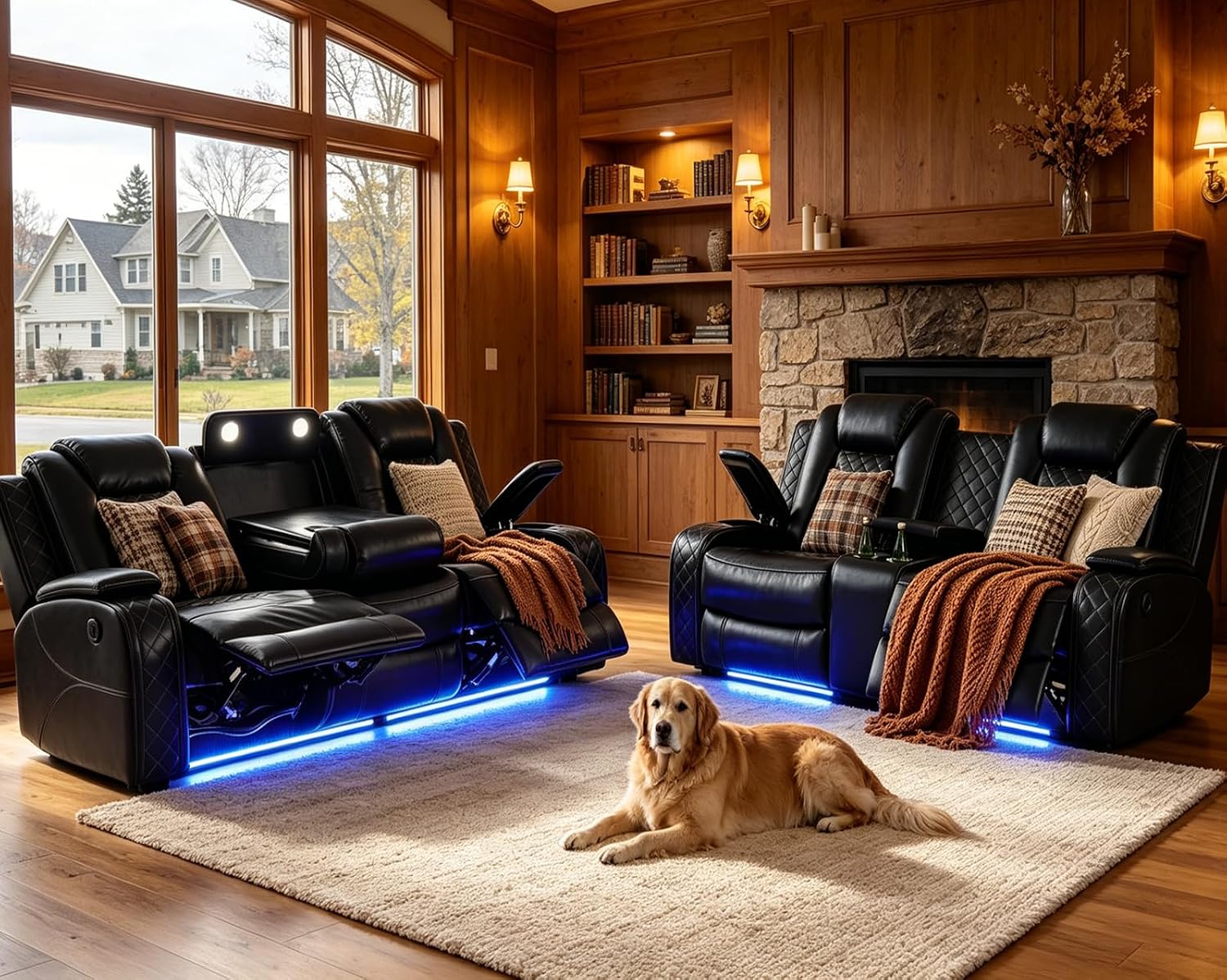 Pon Living Luxurious Leather Reclining Sofa Set with LED, Power Recliner Sofa & Loveseat Set, Living Room Furniture Sets with Cup Holders/USB Port & Storage Consoles for House/Home Theater