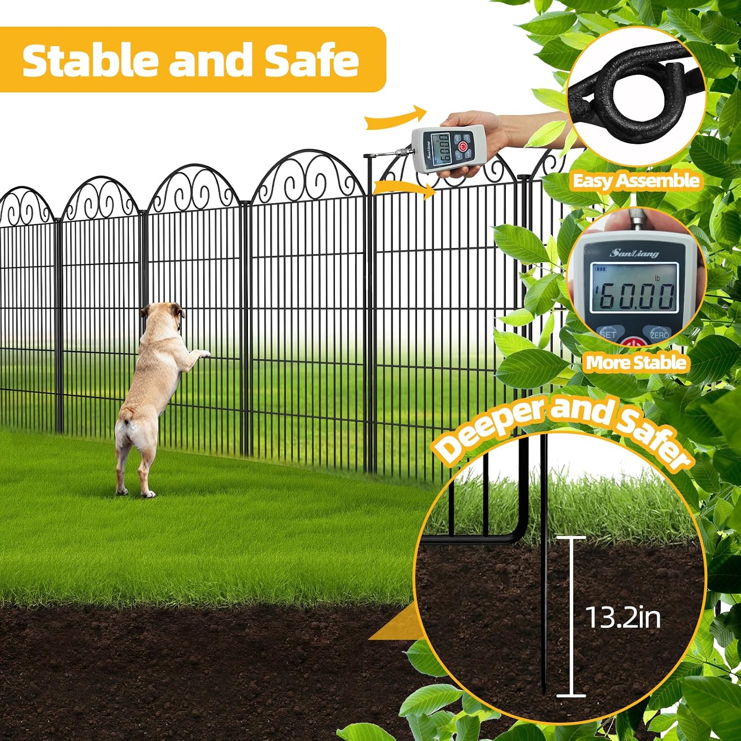 COLRASN 10 Panels No Dig Decorative Garden Dog Fence Outdoor for Yard, 48in(H) x 24.16ft(W) Tall Animal Barrier Fenceing Panels, Rustproof Ground Stakes Temporary Wire Screen for Patio