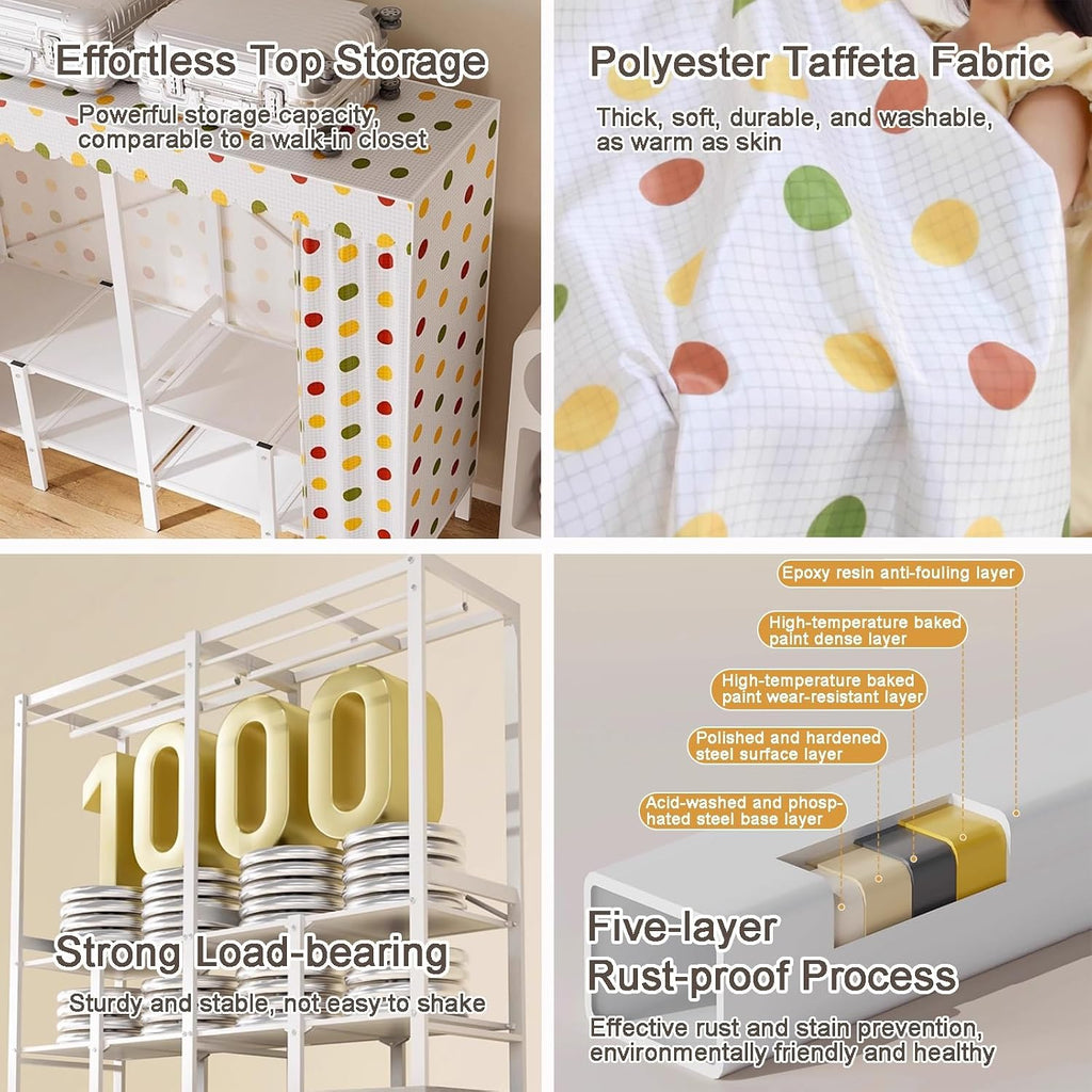 67in Portable Wardrobe Closet, Folding Bedroom Clothes Rack, Garment Rack with Hanging Rod and Fabric Cover, Foldable Design Clothes Rack(168cm/66.2in)