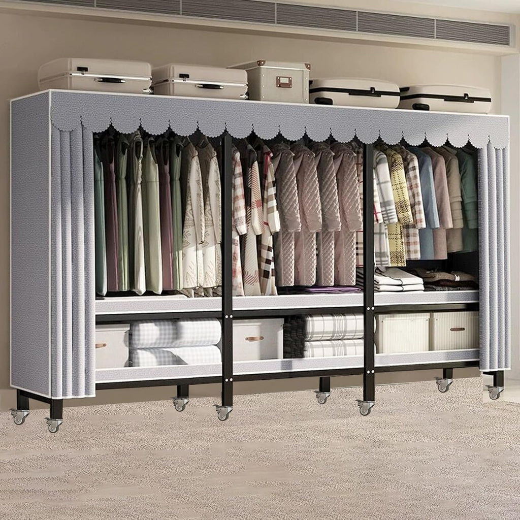 85in Foldable Portable Closet Wardrobes with Cover and Wheel Free Standing Garment Rack with 6 Tier Shelf 71in Tall Iron Clothing Racks for Home and Retail,Load Capacity 2000lbs(85in), Black