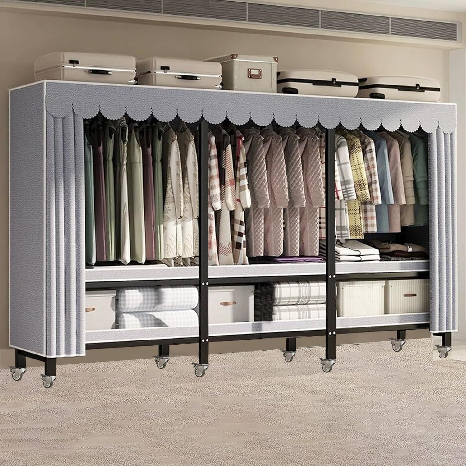 Rolling Garment Rack Portable Closet Clothes Rack for Hanging Clothes Metal Wardrobe Clothing Rack with Wheels and 3 Closet Rods Foldable Freestanding Wardrobe Rack with Dust Cover (84.6in)
