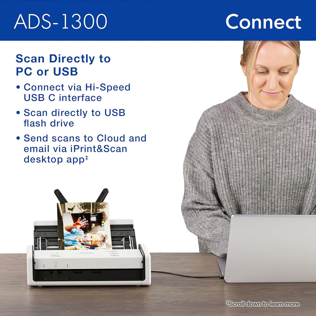 Brother ADS-1300 Compact Desktop Scanner | Scan Speeds of Up to 30ppm | Single Pass Double-Sided Scanning (Renewed Premium)