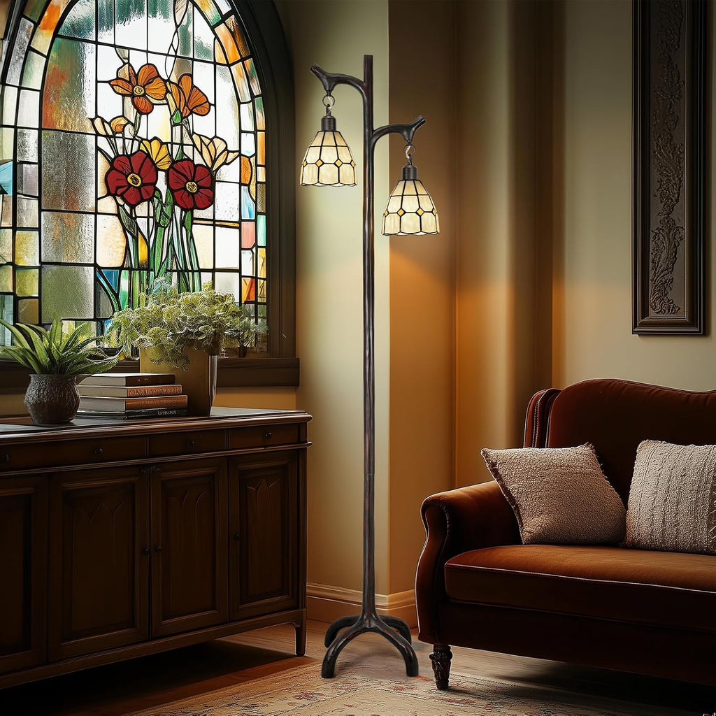 68' Tiffany Style Stained Glass Floor Lamp for Living Room,Modern Industrial Vintage Standing Floor Lamp for Bedroom,Stepless Dimmable Rustic Tree Trunk Tall Lamp for Study Room (Bulb Included)