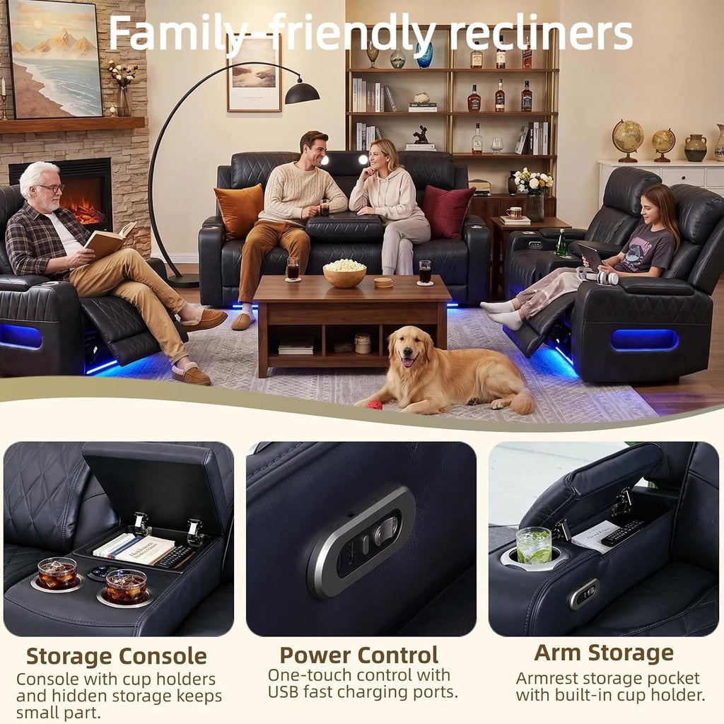 Air Leather Power Reclining Sofa Set with Speakers, LED Ambient Light, USB Charging Ports & Storage Storage, Electric Recliner Couches for Living Room Home Theater Apartment