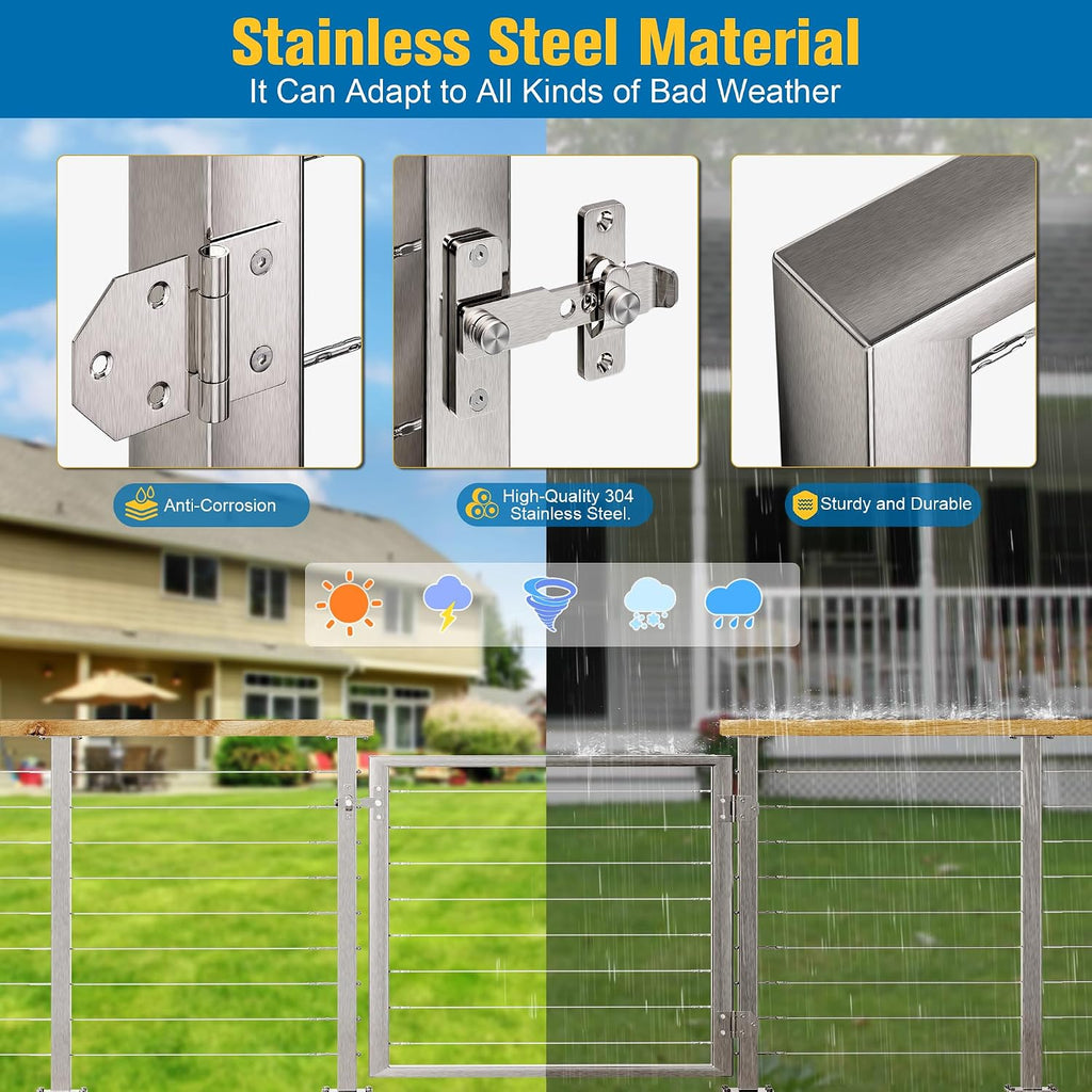 Outdoor Gate Integrated Welding Cable Railing Gate for Wood Metal Cable Railing System Stainless Steel Fence Gate (Left Hand in Swing, Slivery)