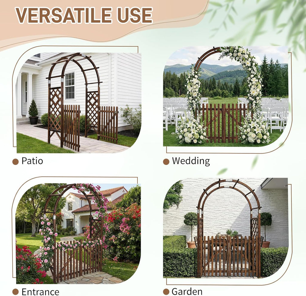 VINGLI Wooden Garden Arbor, Heavy Duty Outdoor Frame Trellis with Gate for Ceremony, Wood Trellis Garden Arch Pergola for Plant Climbing, Patio, Lawn, Wedding