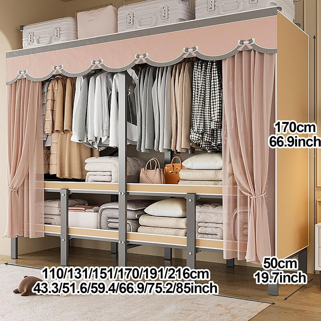 Foldable Wardrobe Closet Rack 1200lbs Storage Garment Racks With Cover Portable Enclosed For Hanging Clothes Metal Covered Clothing Organizer For Bedroom(F,191cm/75.2inch)