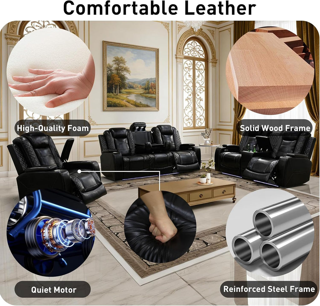 Power Recliner Sofa Set - 3 Piece Living Room Furniture Set with Electric Reclining Sofa, Loveseat and Chair, Breathable Faux Leather with USB Ports, Wireless Charging, Cup Holders and LED Lights