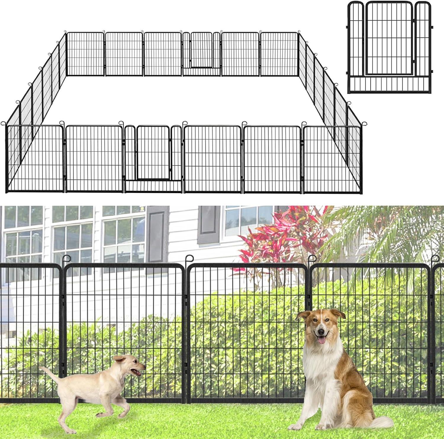 No Dig Decorative Garden Fence with Gate Rustproof Metal Fence Panels, 32in(H) x 53Ft(L) Garden Fencing for Yard 20 Panels Animal Barrier Fence for Dogs, Rabbit, Patio