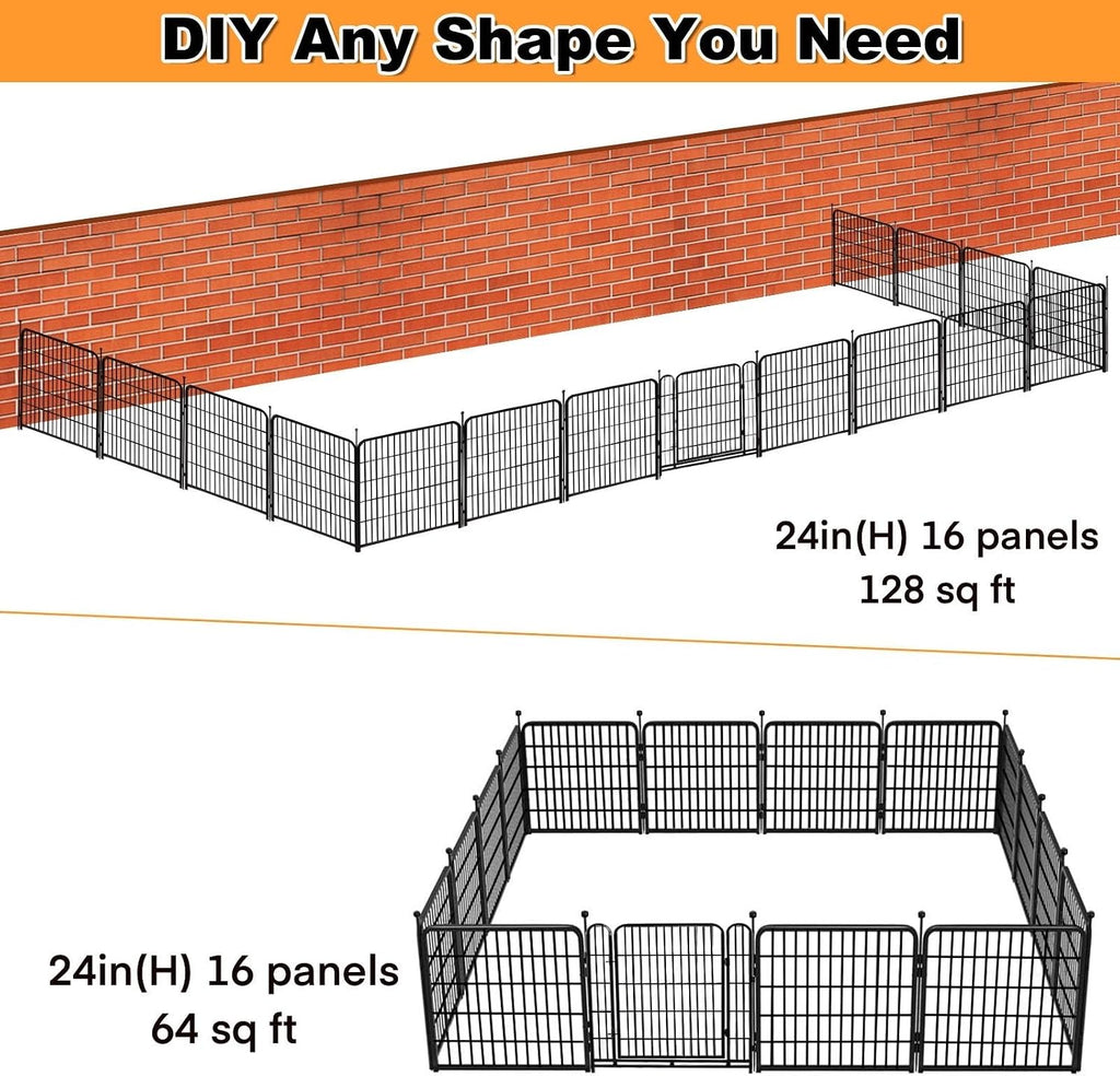 Getlay Dog Playpen 24 inch(H) 16 Panels Dog Fence Outdoor for Yard. Metal Dog Pen Heavy Duty Pet Puppy Exercise Pen for Rv Camping Garden Yard, Wide Door Low Threshold Dog Fence Total 31.4 Ft(L)