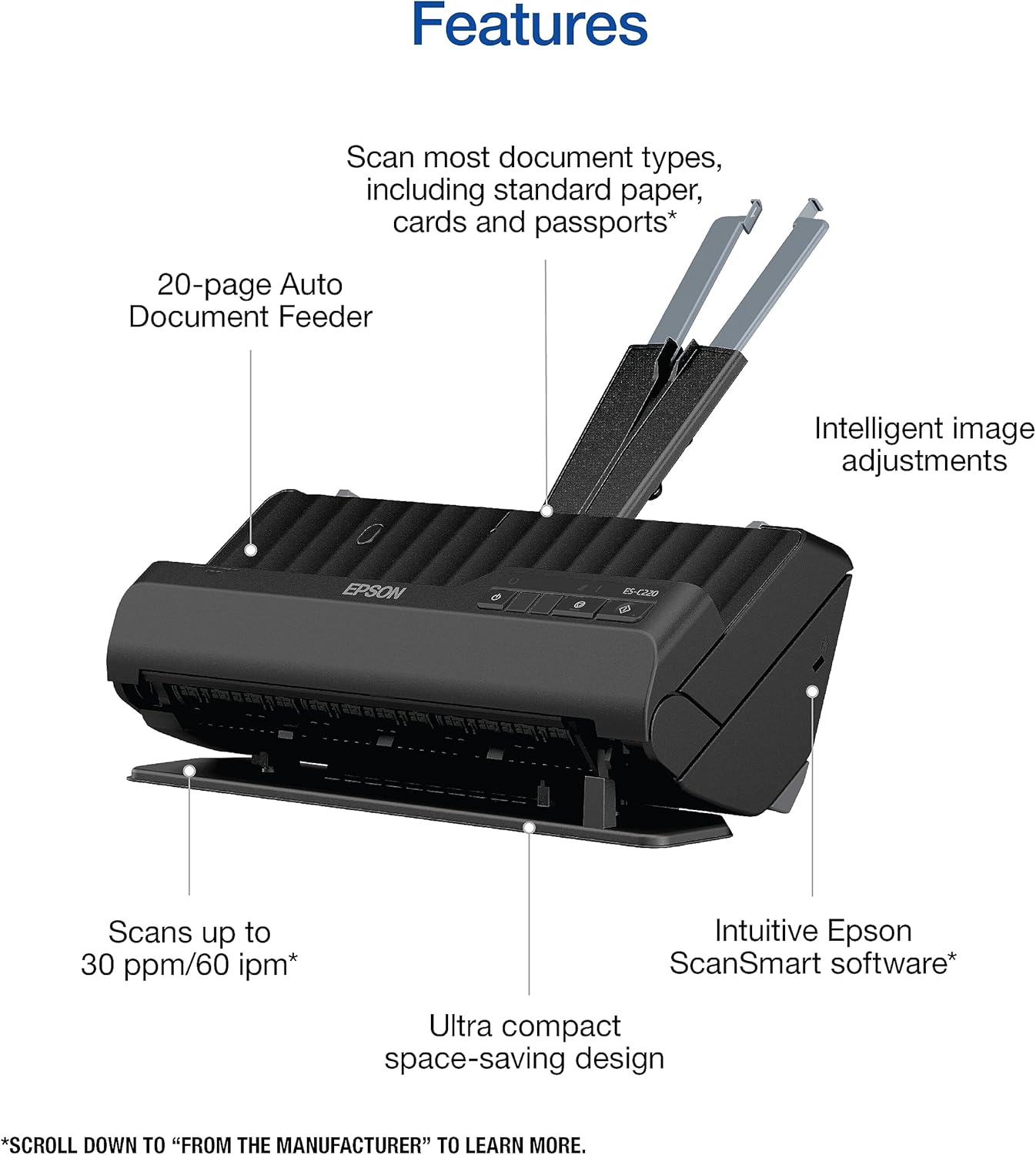 Epson Workforce ES-C220 Compact Desktop Document Scanner - 2-Sided Scanning - ADF - for PC and Mac
