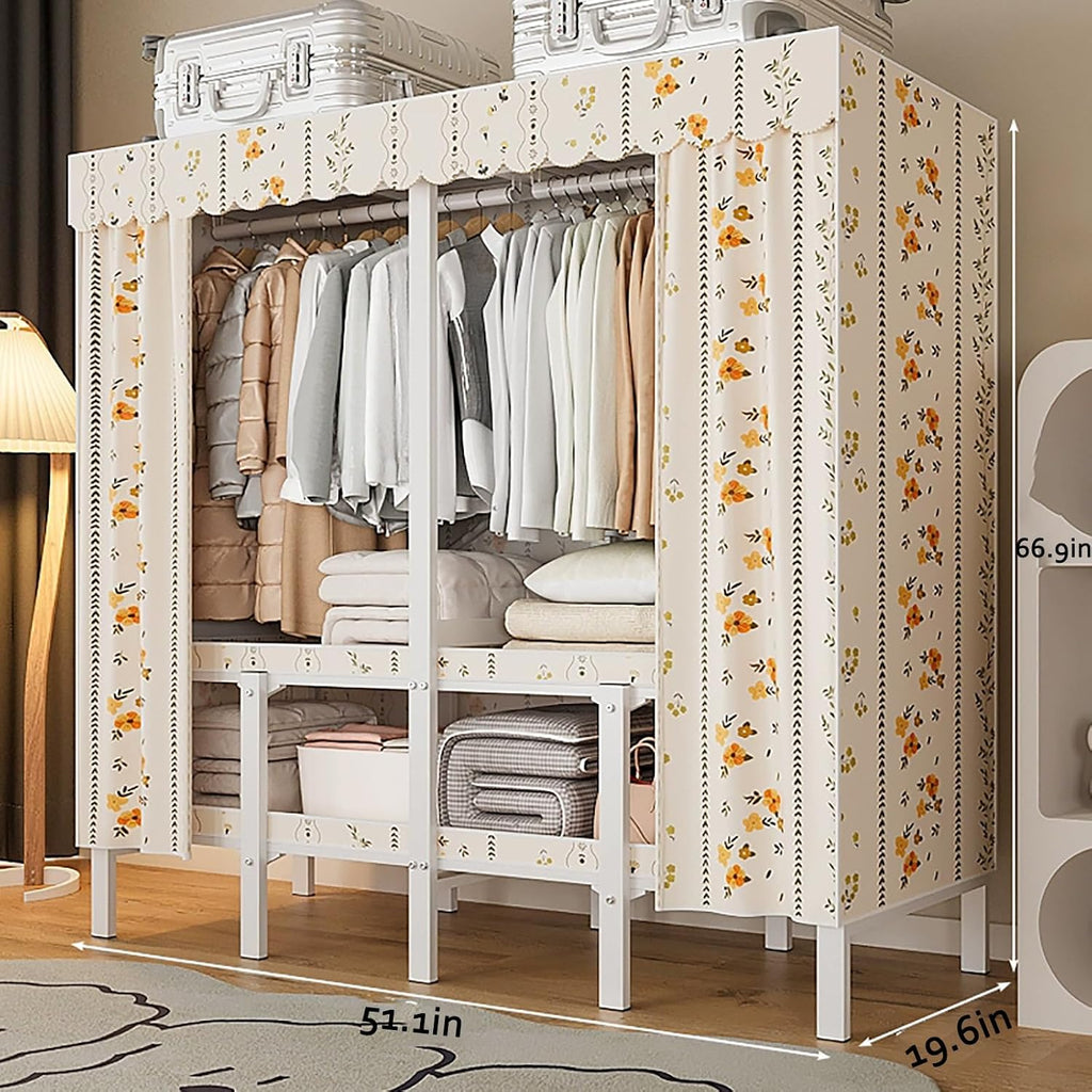 Foldable Clothe Rack with Cover, Portable Closet, 51.1in Portable Closet Wardrobe Freestanding Clothing Coat Storage Rack Garment Rack for Hanging Clothes