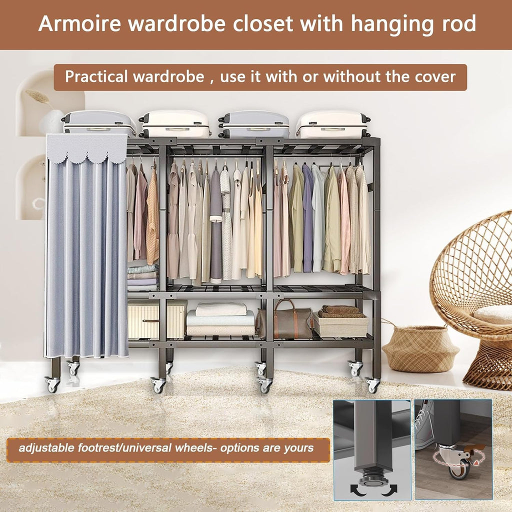 Heavy Duty Metal Clothing Rack with 8 Wheels and Cotton Cover Max 2000lbs Foldable Garment Rack with 3 Hanging Rods Freestanding Armoires Portable Wardrobe Closets for Bedroom (51.1 * 19.6 * 70.8in)