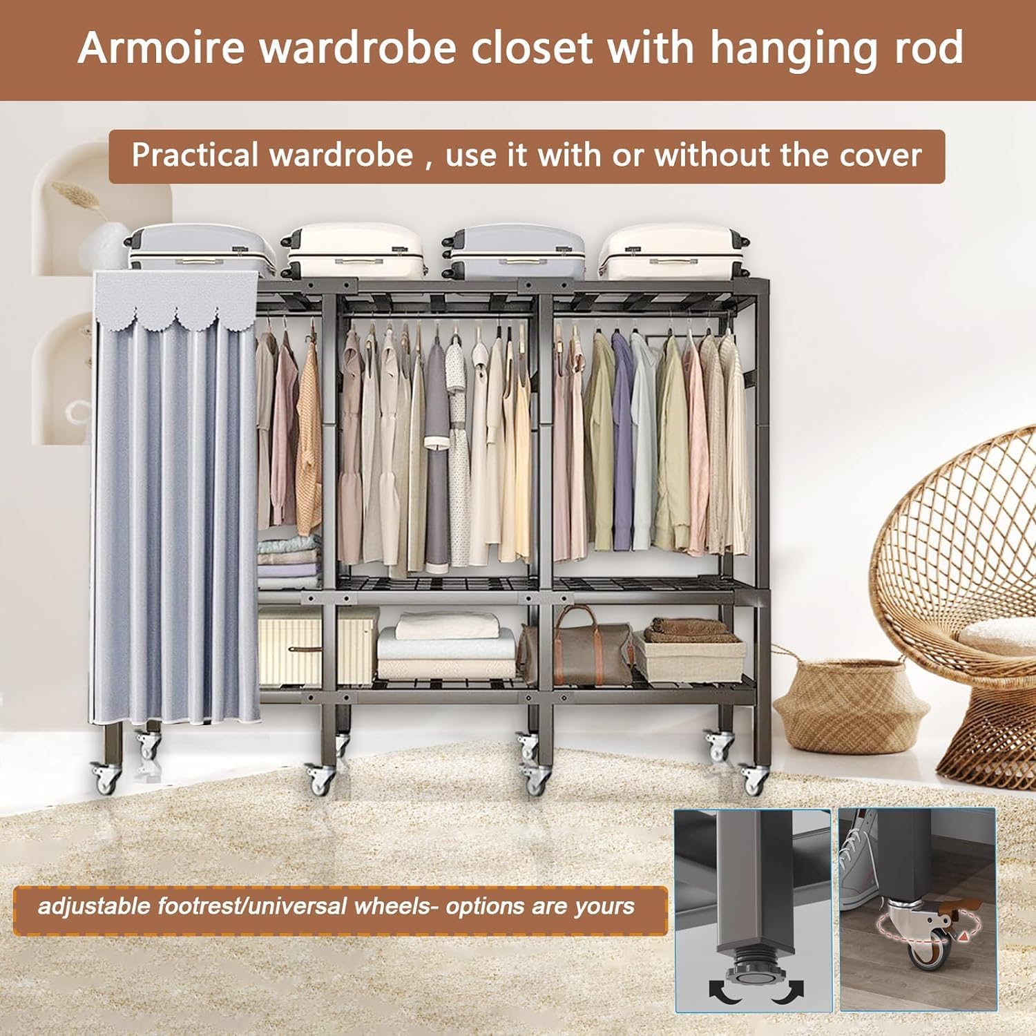 Heavy Duty Metal Clothing Rack with 8 Wheels and Cotton Cover Max 2000lbs Foldable Garment Rack with 3 Hanging Rods Freestanding Armoires Portable Wardrobe Closets for Bedroom (51.1 * 19.6 *