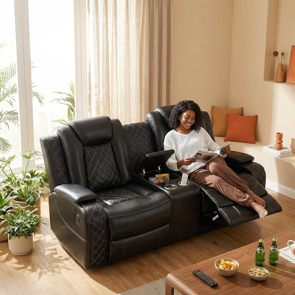 Pon Living Luxurious Leather Reclining Sofa Set with LED, Power Recliner Sofa & Loveseat Set, Living Room Furniture Sets with Cup Holders/USB Port & Storage Consoles for House/Home Theater