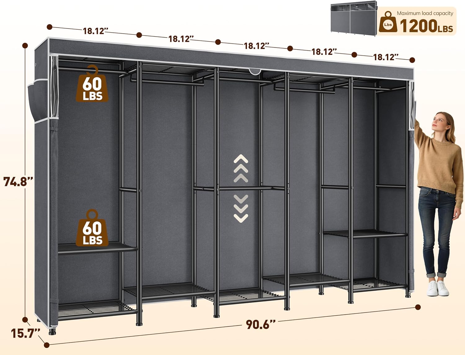 Raybee Clothes Rack, Extra Large Clothing Rack with Cover, Heavy Duty Portable Closets for Hanging Clothes, Freestanding Metal Closet Rack with 6 Rods & 12 Shelves for Bedroom, Load 1200 lbs, Black