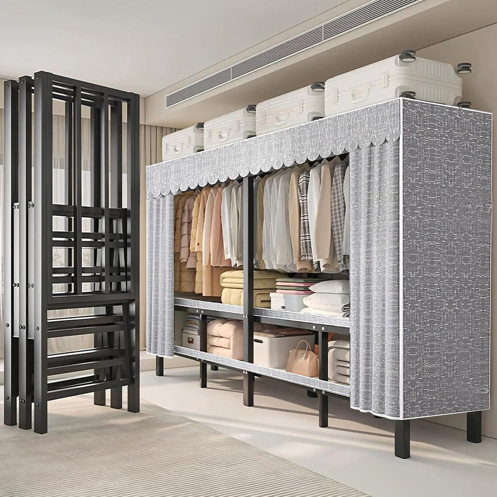 Large Metal Closet Rack, Foldable Clothe Rack With Cover Heavy-Duty Portable Wardrobe Closet For Bedroom Armoires Freestanding Clothing Coat Storage Rack Garment Rack For Hanging Clothes(203cn/80in)