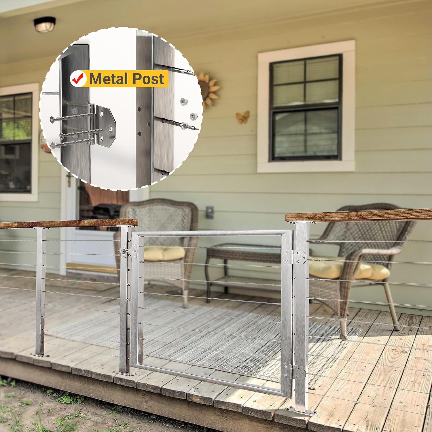 Outdoor Gate Integrated Welding Cable Railing Gate for Wood Metal Cable Railing System Stainless Steel Fence Gate (Left Hand in Swing, Slivery)