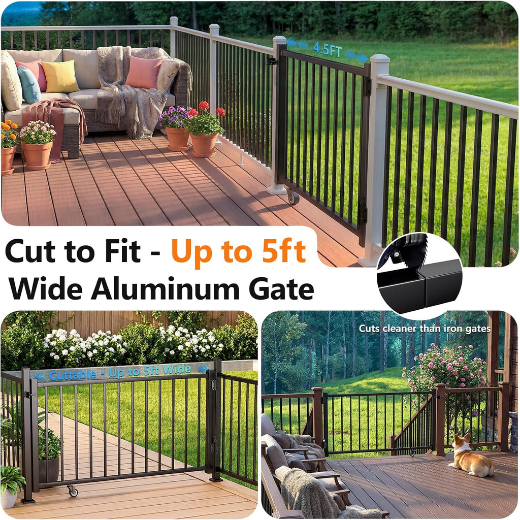 5ft Aluminum Deck Gate 36in H with Support Wheel, Cuttable Railing Gate Kit with Latch & Auto-Close Hinges, AAMA 2604 Textured Black Outdoor Gate for Deck, Porch, Patio